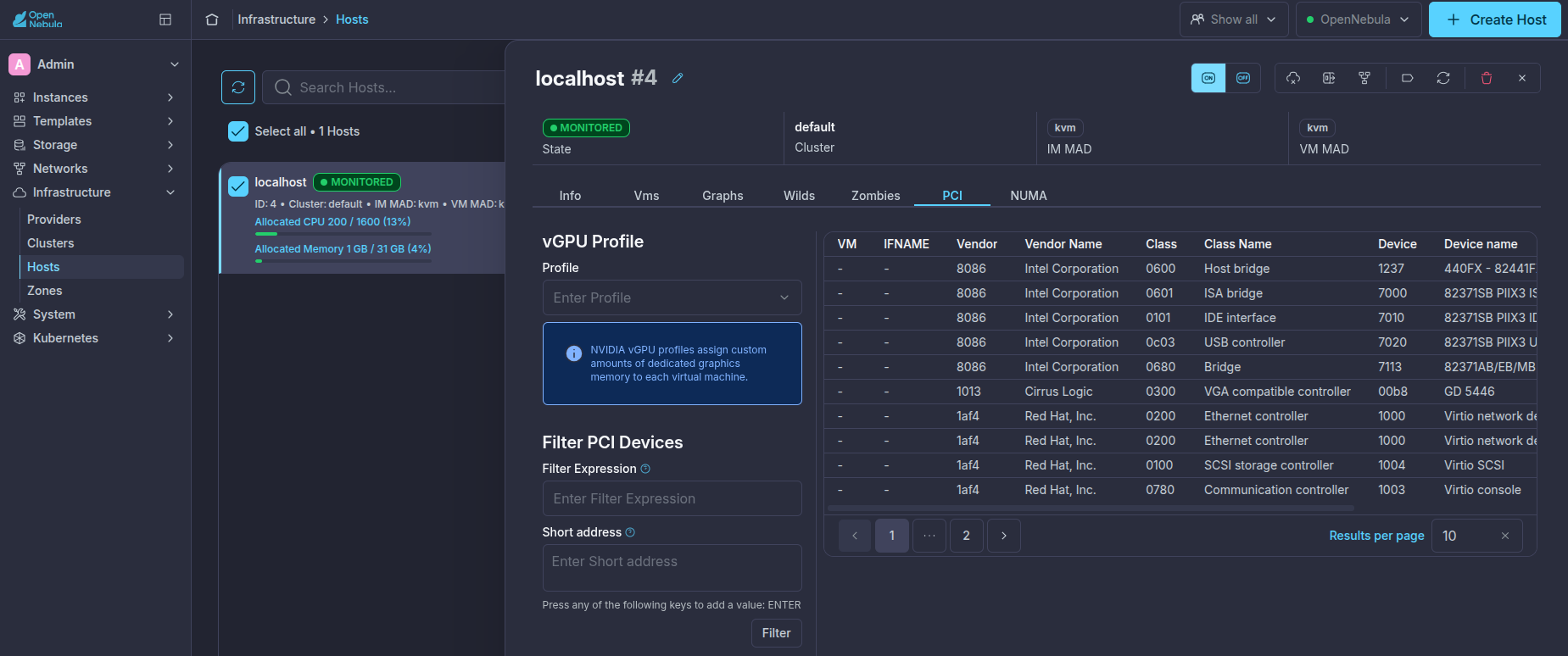 PCI devices discovered on an OpenNebula Host