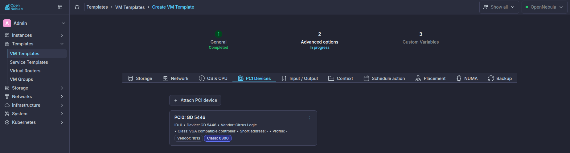 Adding a PCI device to an OpenNebula Virtual Machine Template