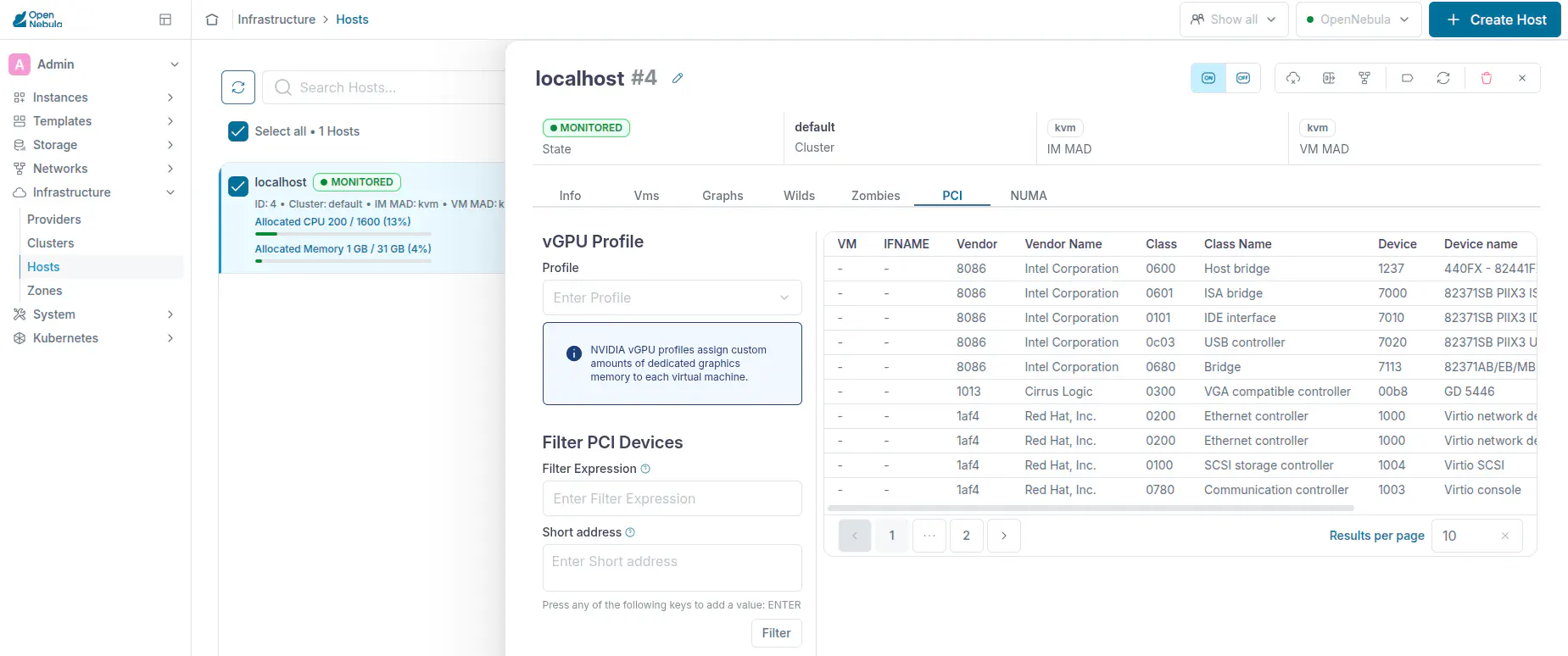 PCI devices discovered on an OpenNebula Host
