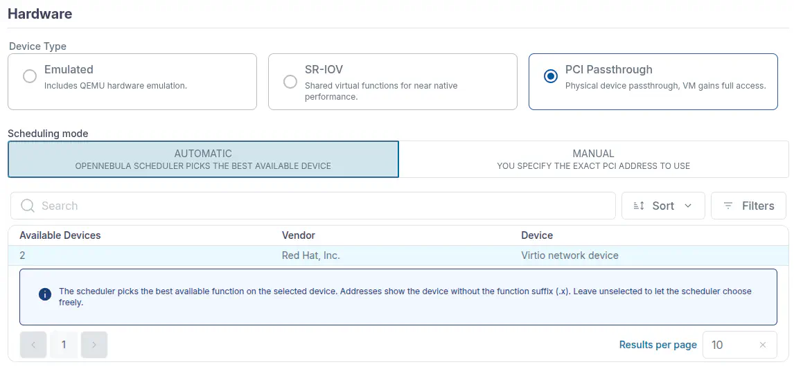 Configuring a PCI passthrough network interface in Sunstone