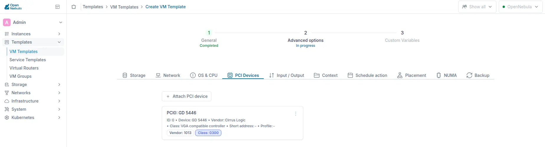 Adding a PCI device to an OpenNebula Virtual Machine Template