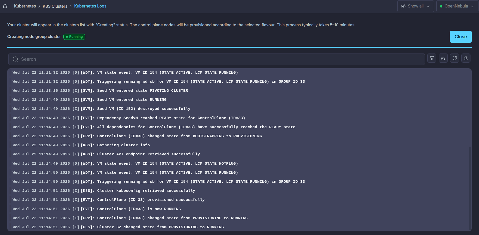 OneKS K8s Cluster running logs