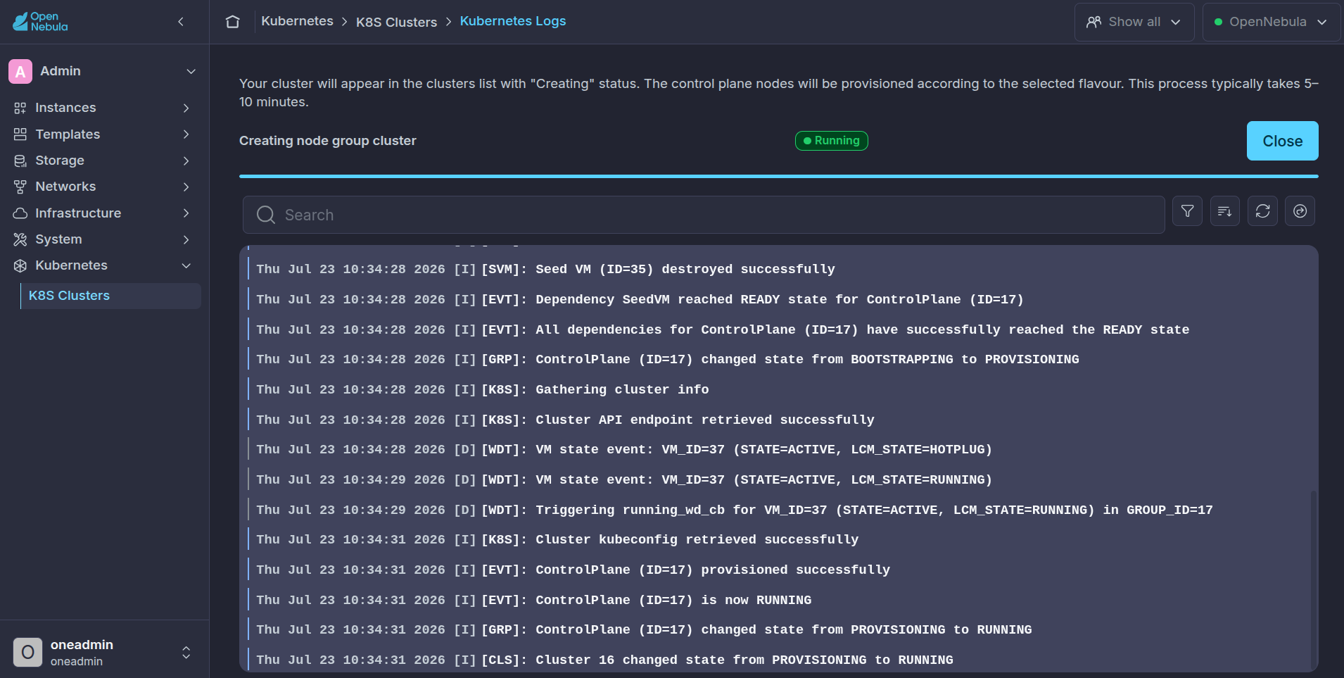 OneKS create K8s Cluster choose k8s version