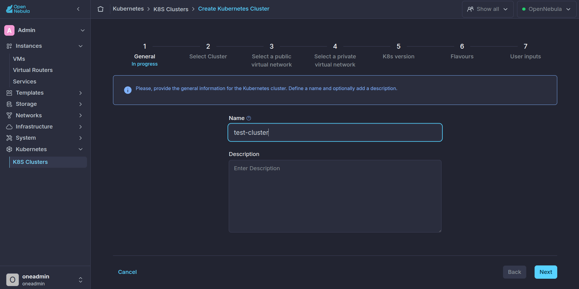 OneKS create K8s Cluster general