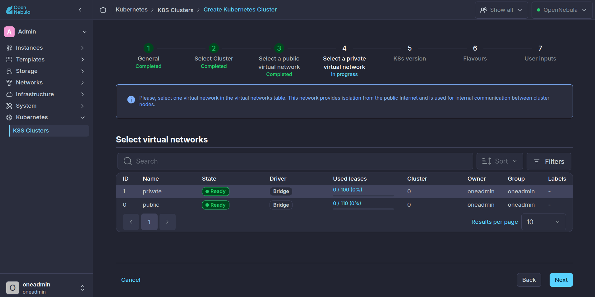 OneKS create K8s Cluster private network