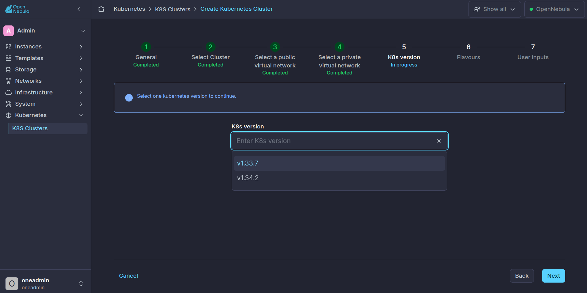 OneKS create K8s Cluster choose k8s version