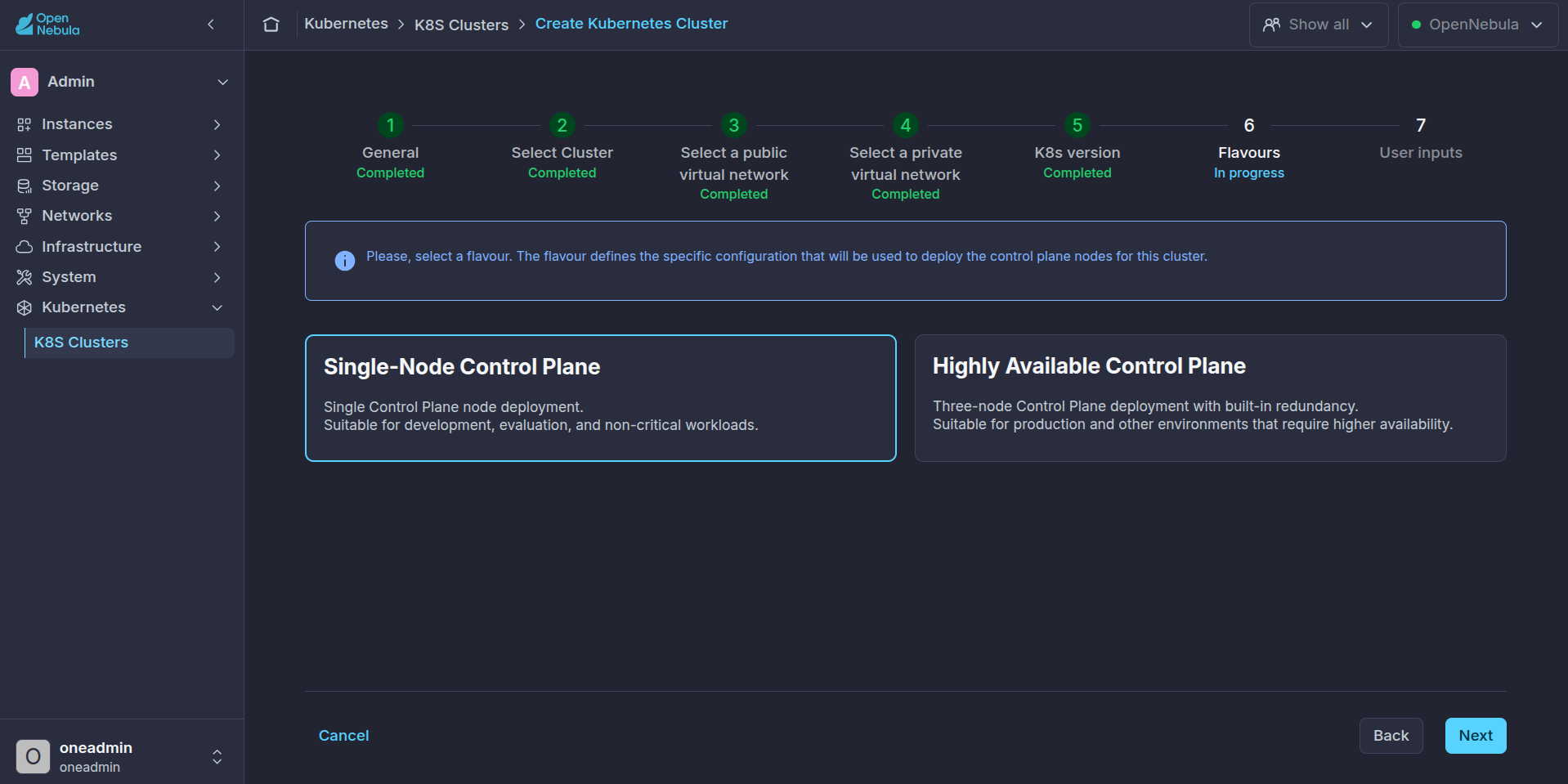 OneKS create K8s Cluster choose k8s version