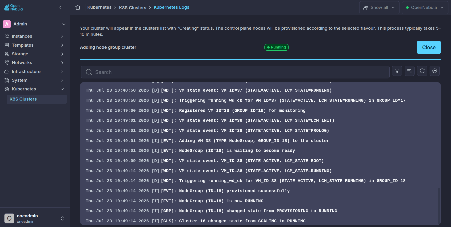 OneKS create K8s Cluster choose k8s version