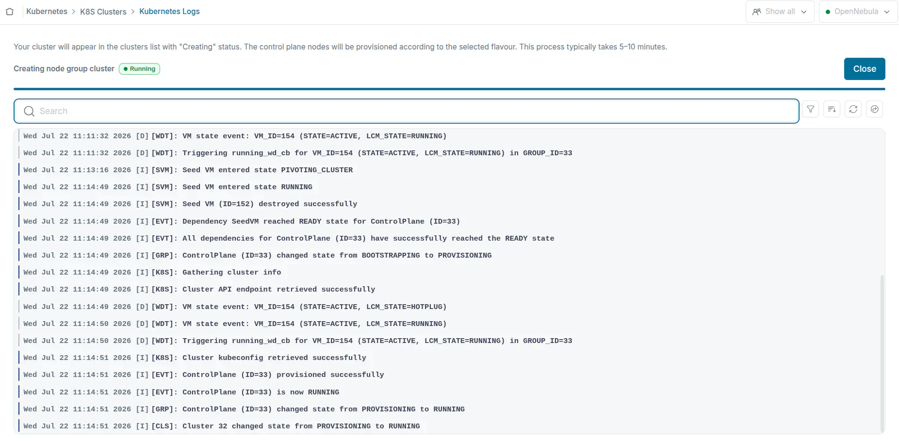 OneKS K8s Cluster running logs