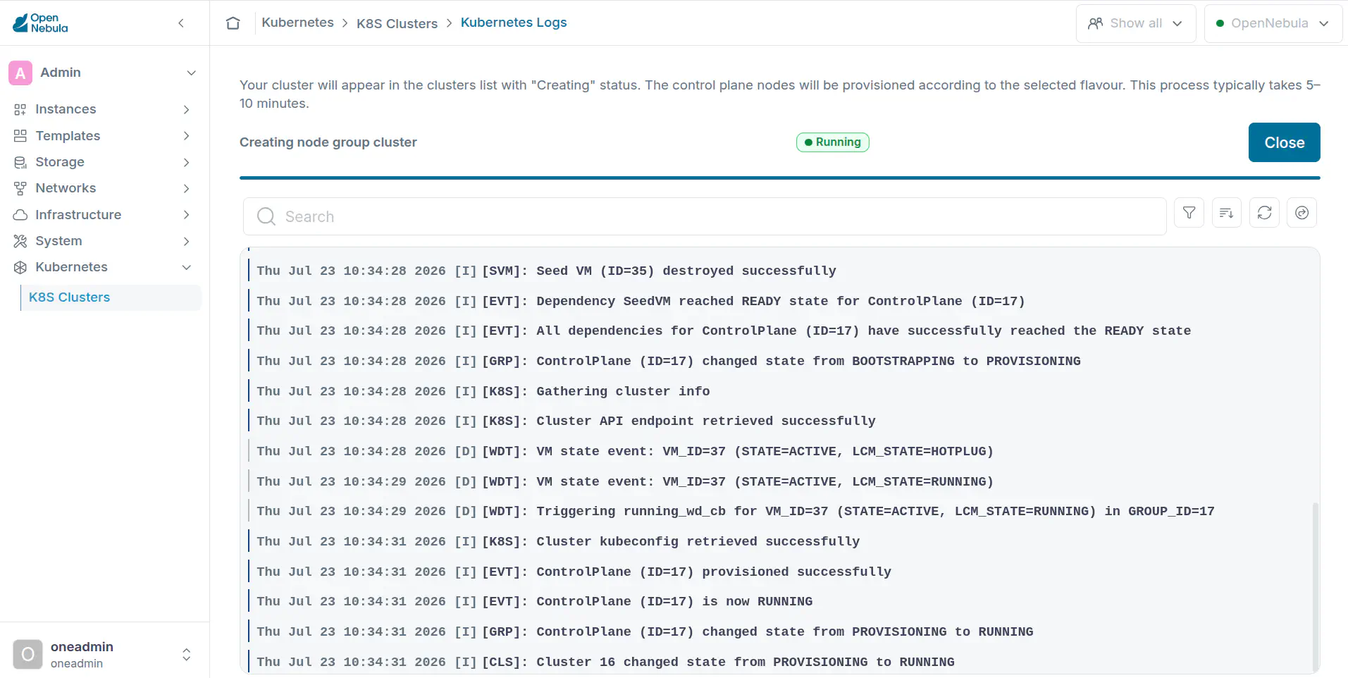 OneKS create K8s Cluster choose k8s version