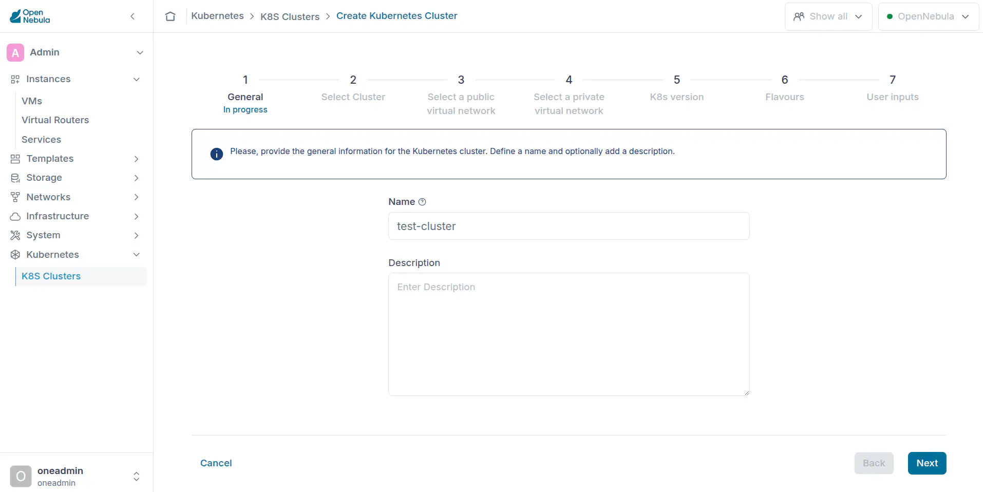OneKS create K8s Cluster general
