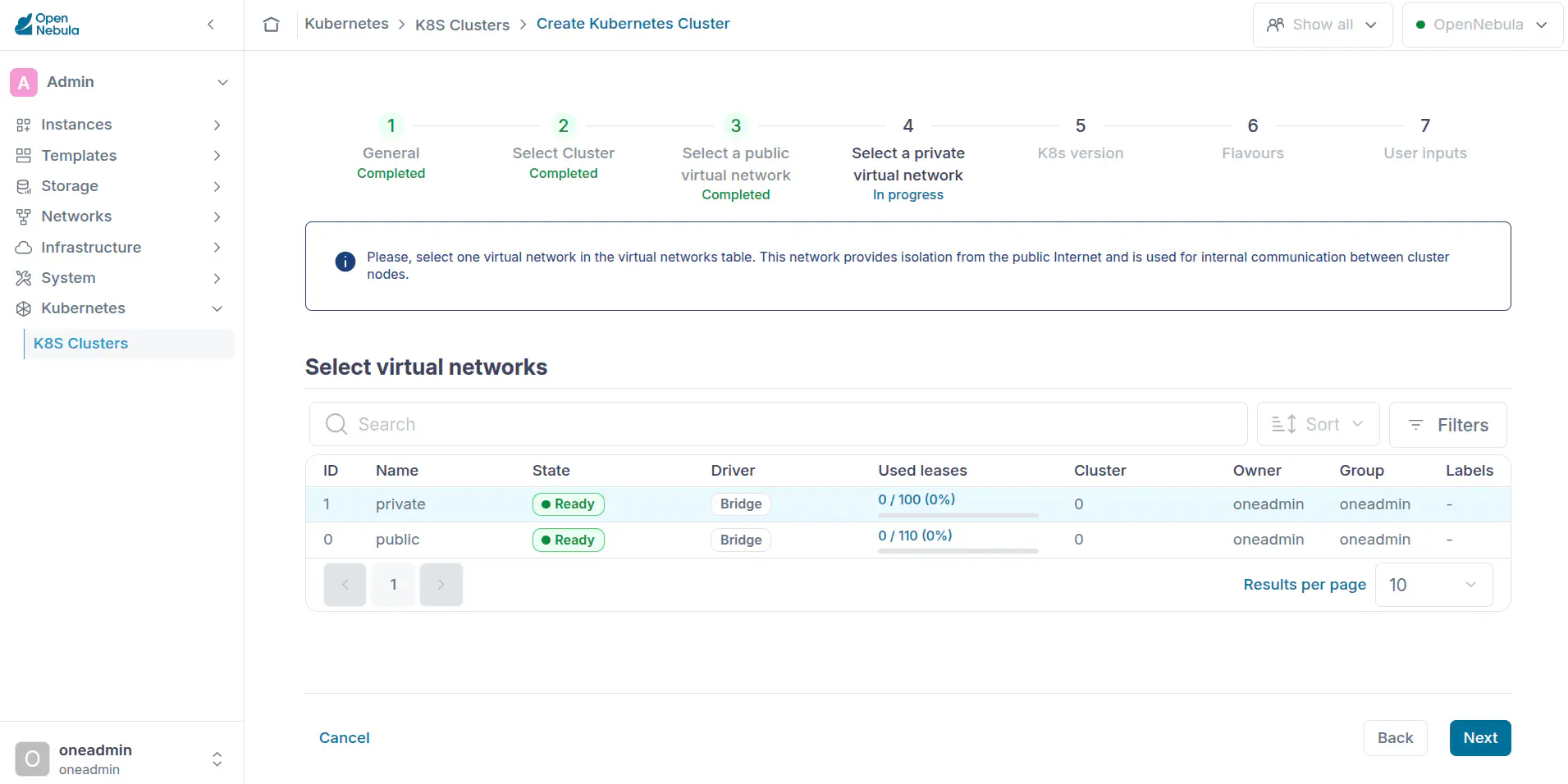 OneKS create K8s Cluster private network