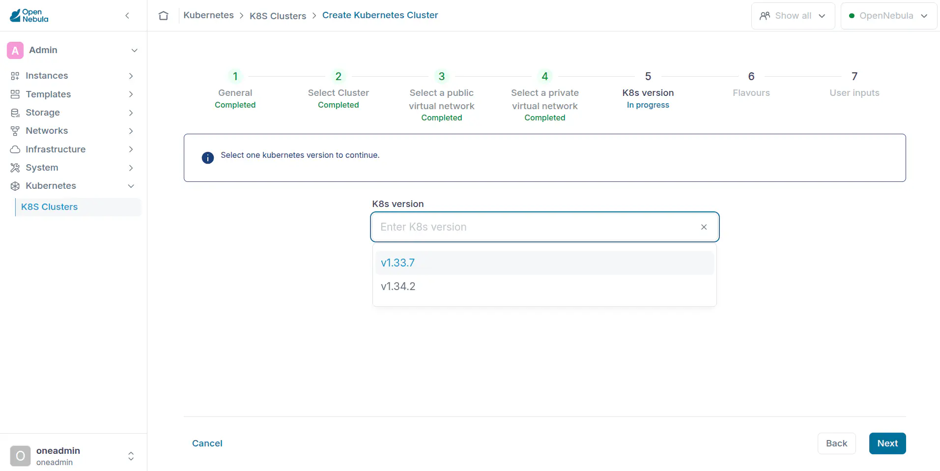 OneKS create K8s Cluster choose k8s version