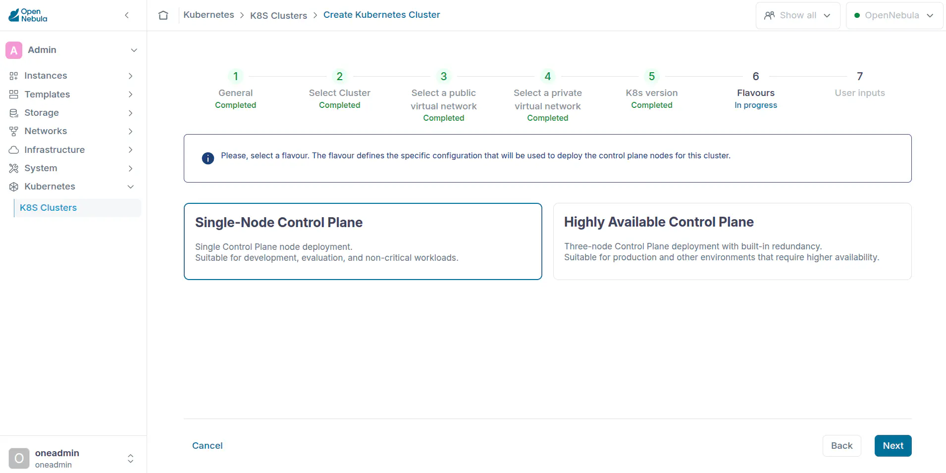 OneKS create K8s Cluster choose k8s version