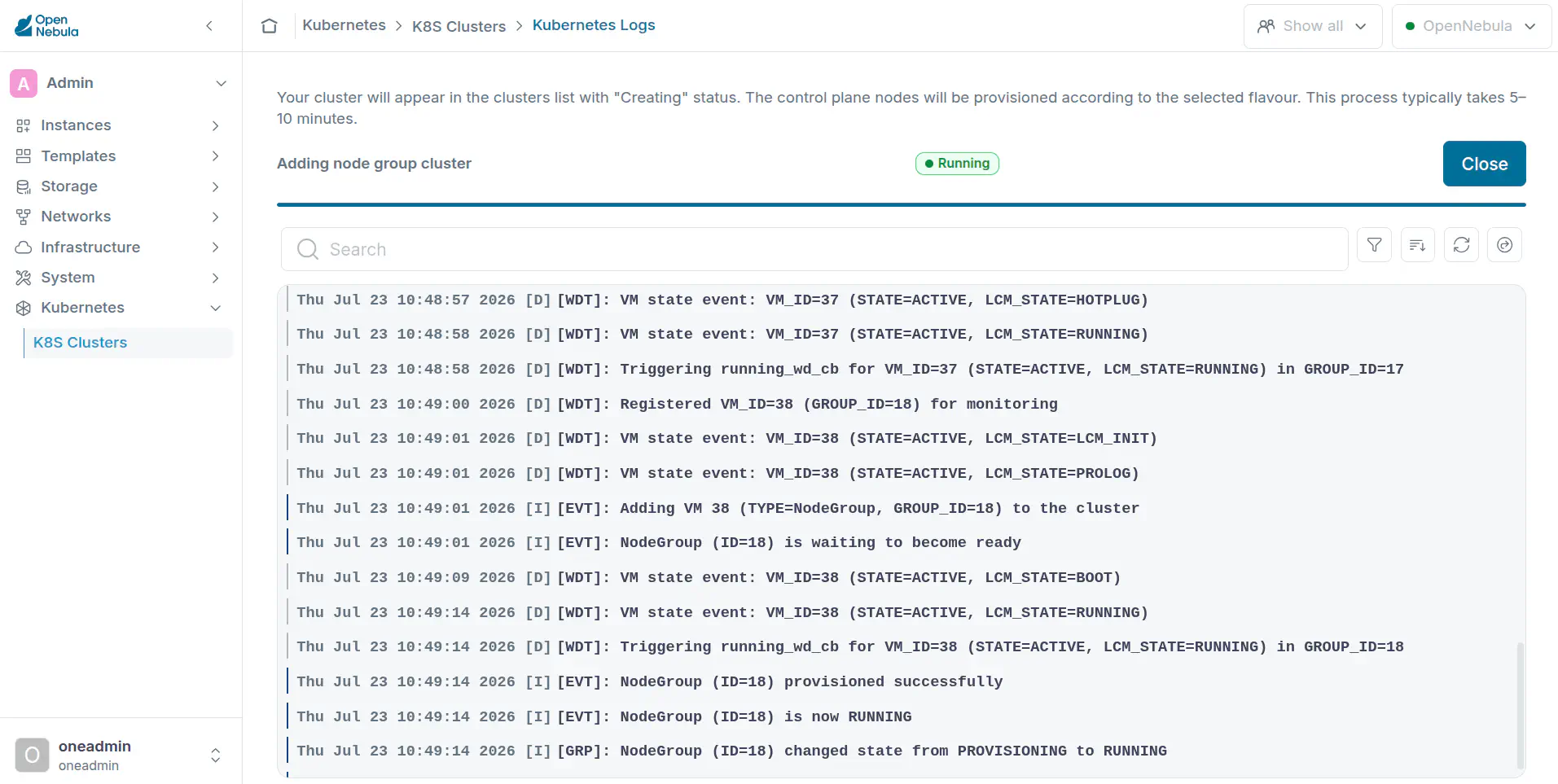 OneKS create K8s Cluster choose k8s version