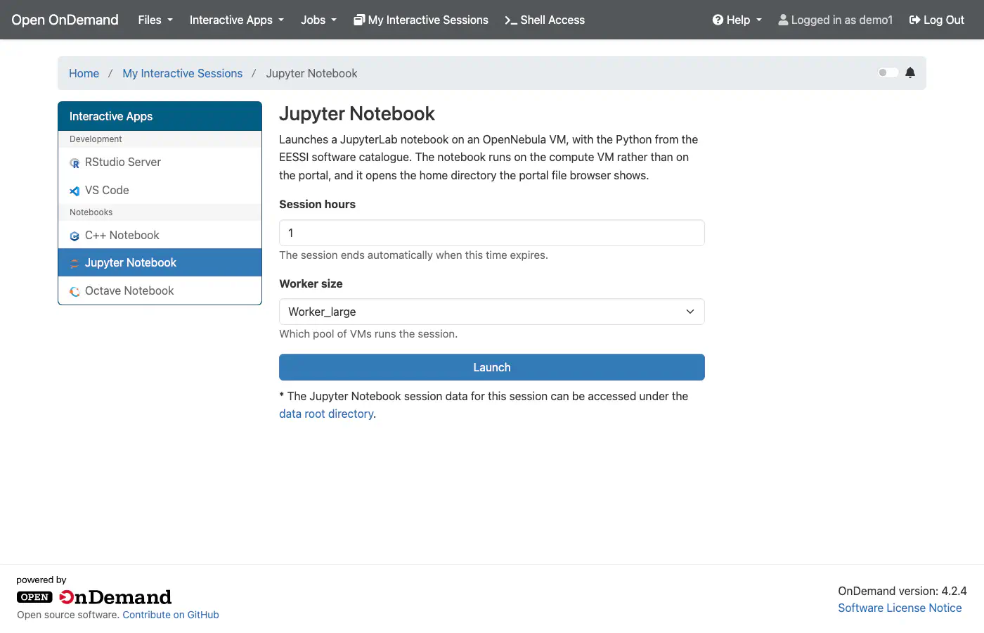 The Jupyter form offering two worker sizes