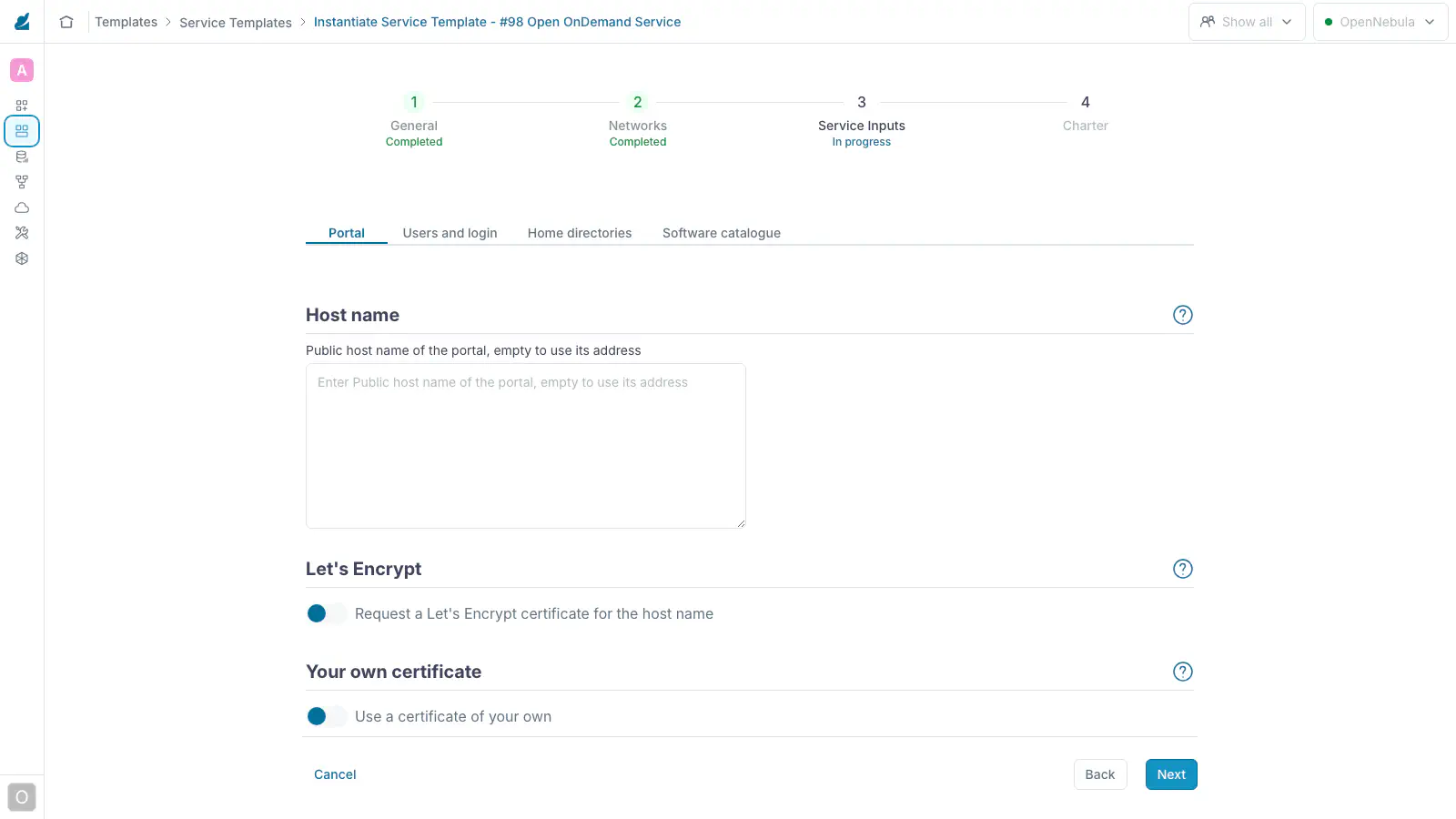 Instantiate wizard, Service Inputs step, Portal tab