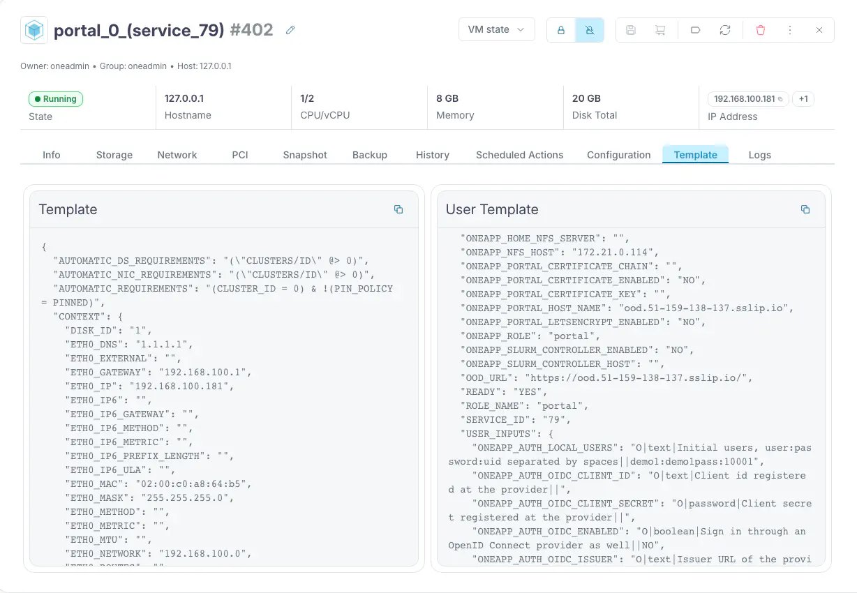 The user template of the portal VM in Sunstone, with OOD_URL and READY