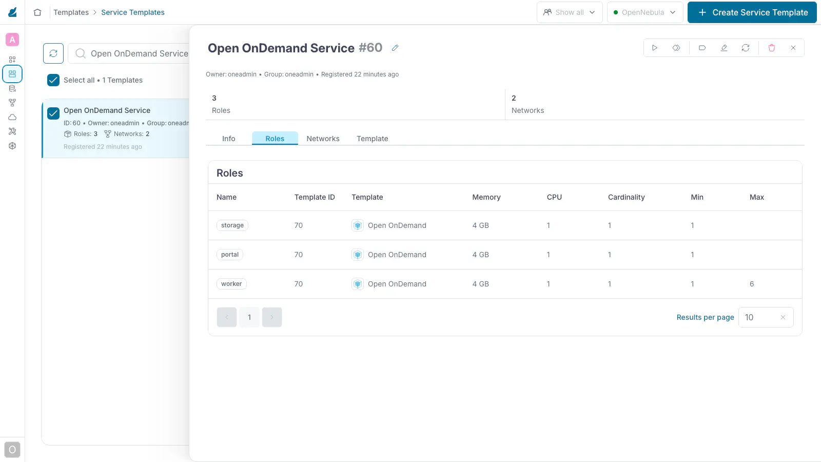 The Open OnDemand Service template in Sunstone
