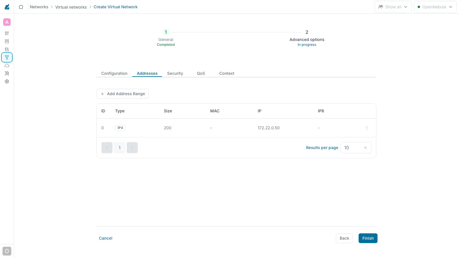Create Virtual Network wizard, Addresses tab of the compute network
