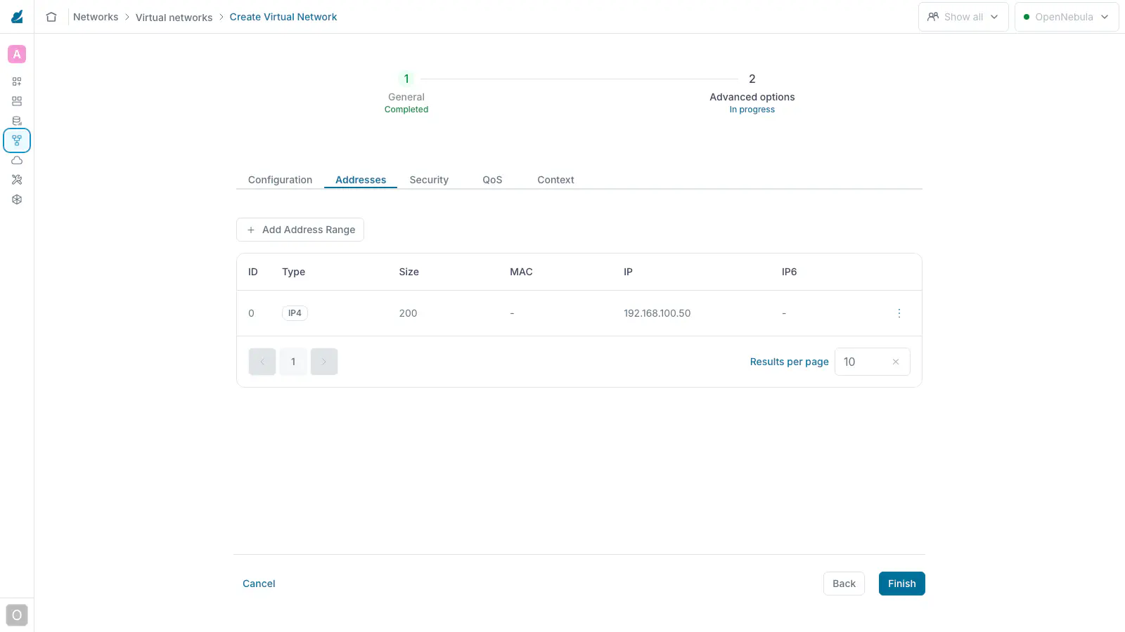 Create Virtual Network wizard, Addresses tab of the management network