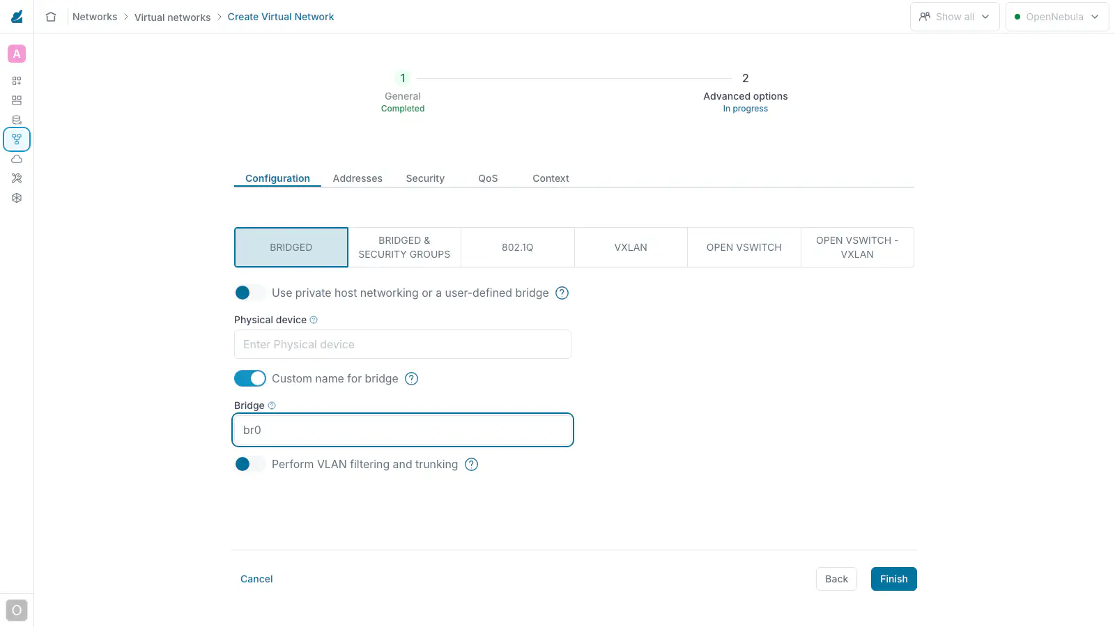 Create Virtual Network wizard, Configuration tab of the management network