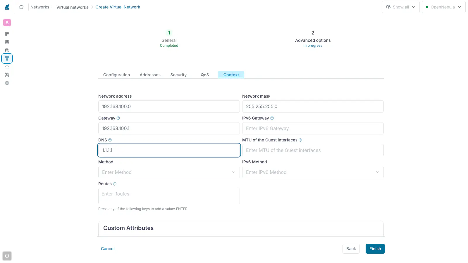 Create Virtual Network wizard, Context tab of the management network