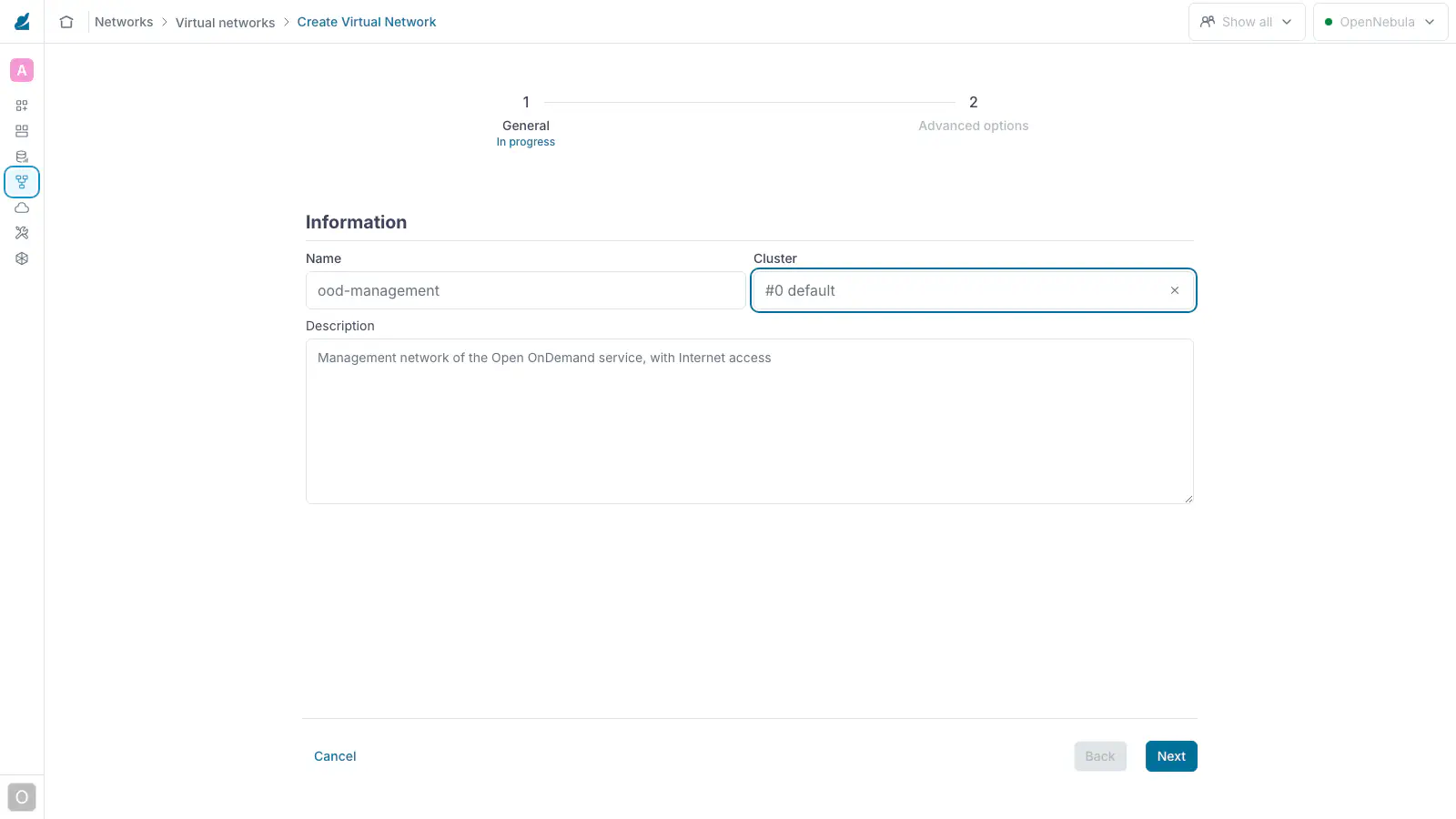 Create Virtual Network wizard, General step of the management network