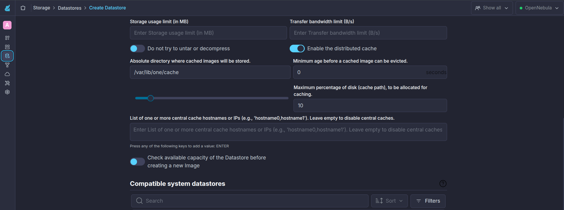 Datastore cache configuration