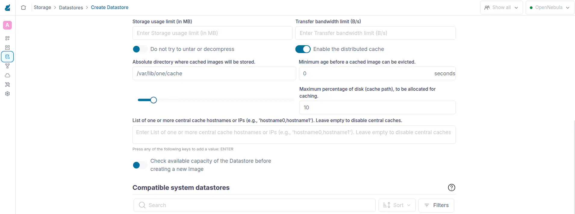 Datastore cache configuration
