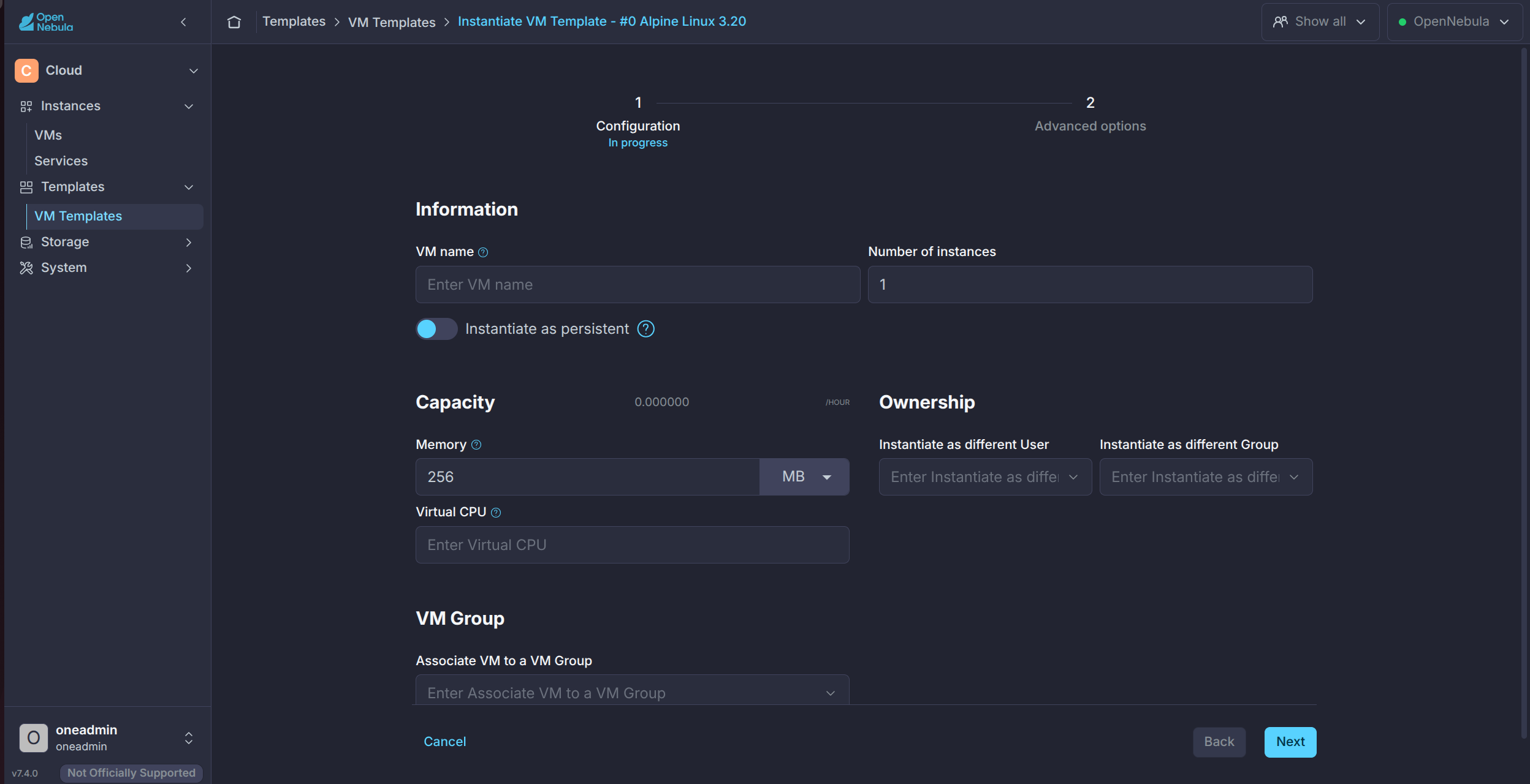 Cloud View create VM