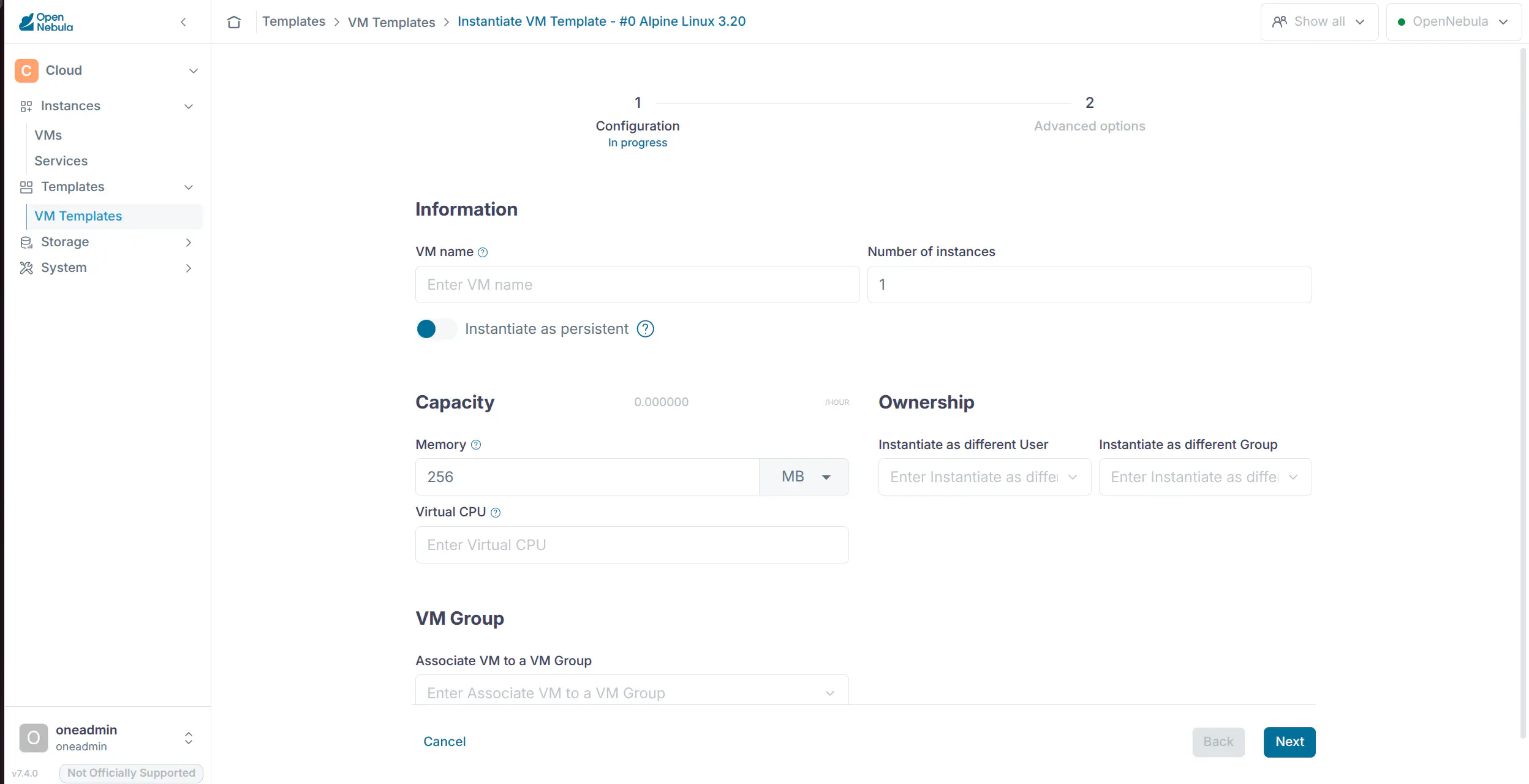 Cloud View create VM