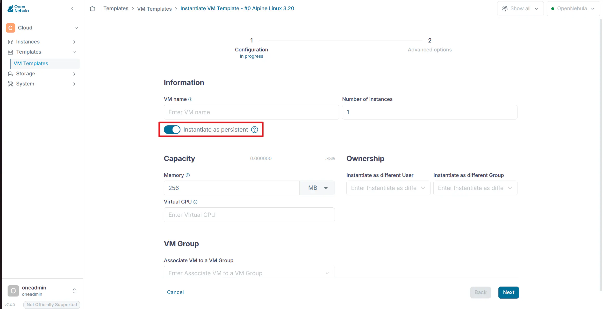 Cloud View instantiate as persistent