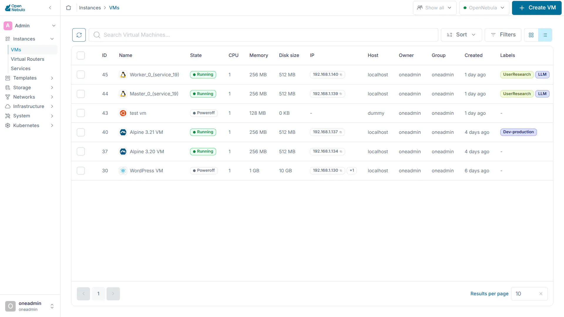 Sunstone virtual machines table view
