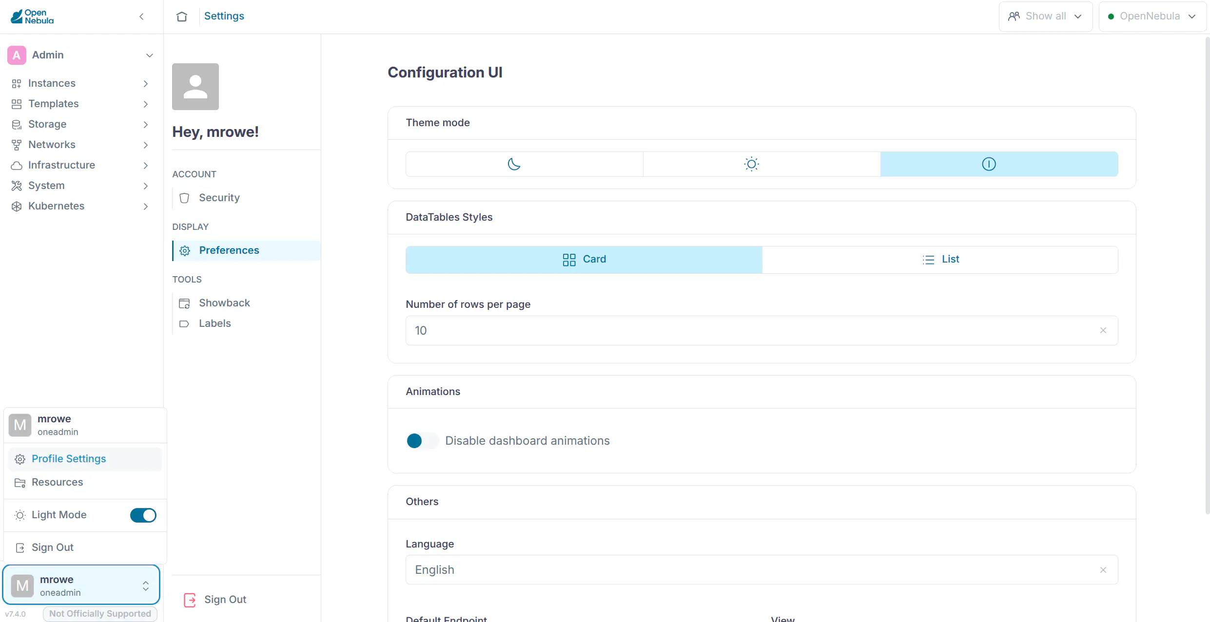 User settings